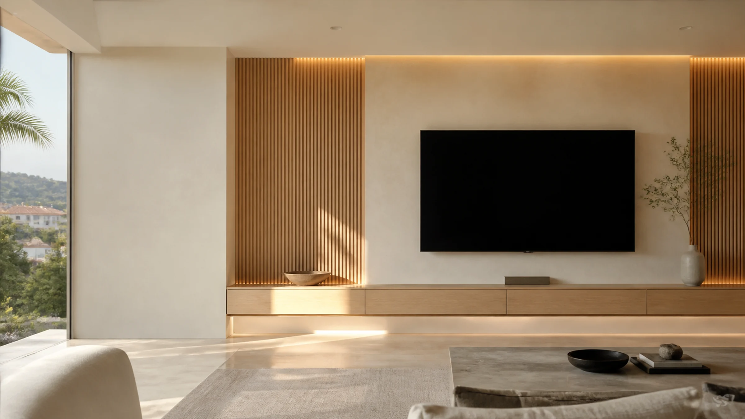 Design visualization of a bright contemporary TV wall with light oak, microcement and integrated lighting